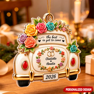 Personalized Multicolor Rose Vintage Wedding Car Flat Acrylic Ornament