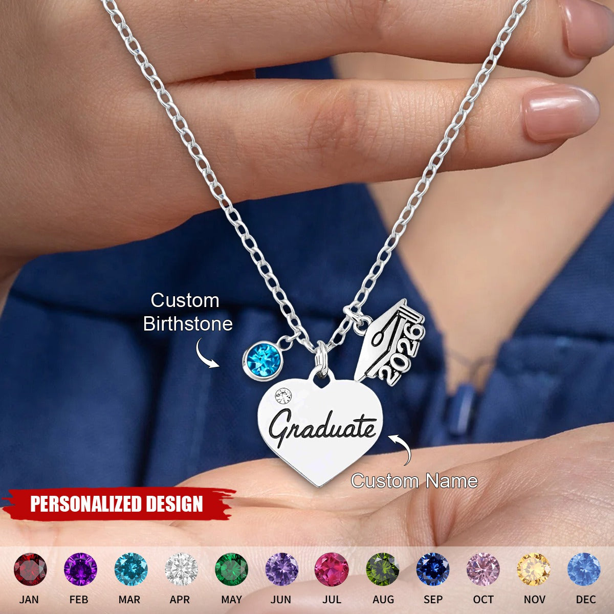 Personalized Graduation Heart Necklace - Class of 2026 Gift for Graduate