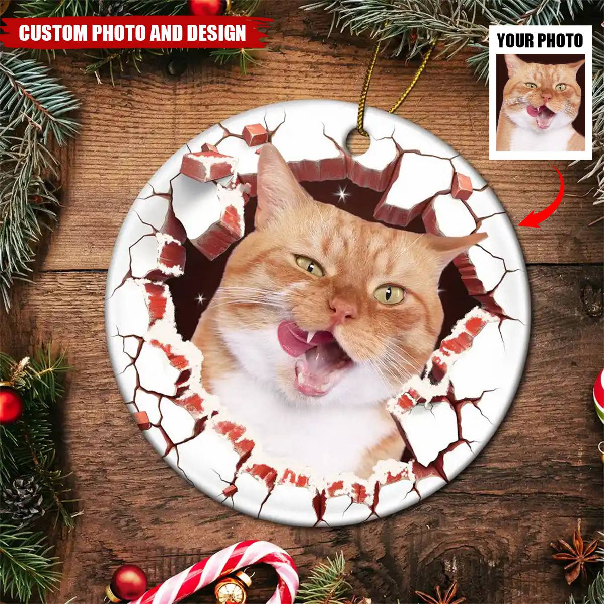 Custom Photo Dog Cat Breaking Through Ornament - Personalized Circle Ceramic Ornament