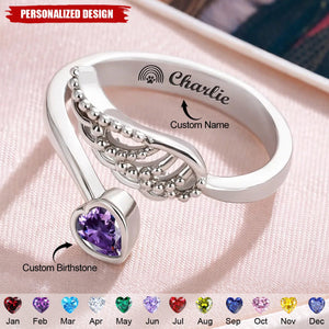 Personalized Wing And Heart Birthstone Ring - Remembering Loved One & Pet