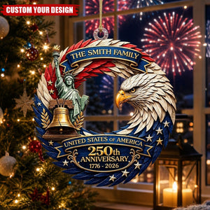 Personalized Family Name USA 250th Anniversary Patriotic Eagle Wreath Acrylic Christmas Ornament