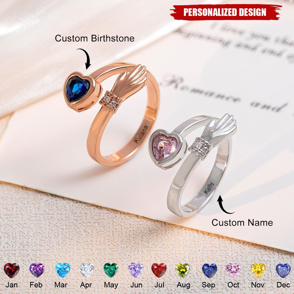 Personalized Birthstone Heart Ring - Love Message Gift