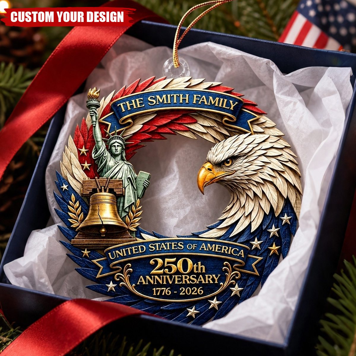 Personalized Family Name USA 250th Anniversary Patriotic Eagle Wreath Acrylic Christmas Ornament