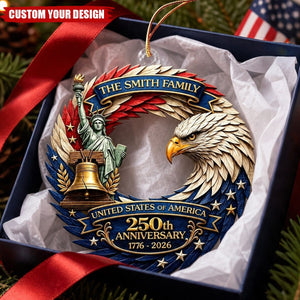 Personalized Family Name USA 250th Anniversary Patriotic Eagle Wreath Acrylic Christmas Ornament