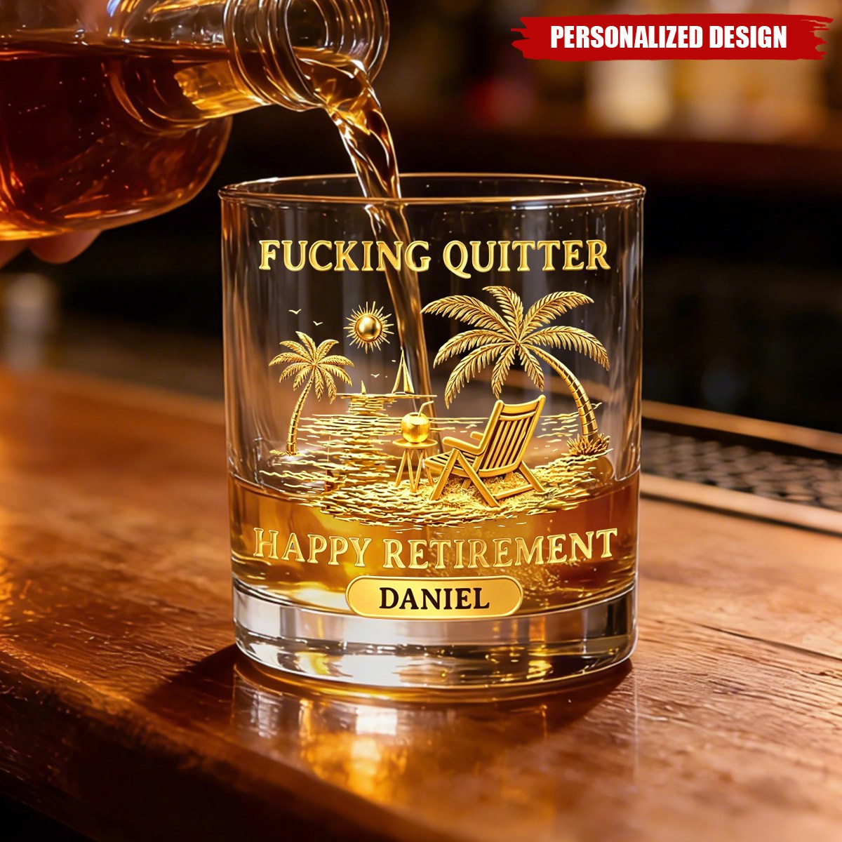 Personalized Name "Happy Retirement" Whiskey Glass - Gold Beach Scene