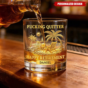 Personalized Name "Happy Retirement" Whiskey Glass - Gold Beach Scene