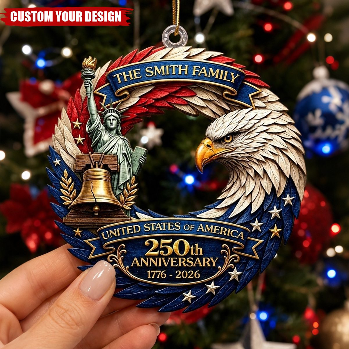 Personalized Family Name USA 250th Anniversary Patriotic Eagle Wreath Acrylic Christmas Ornament