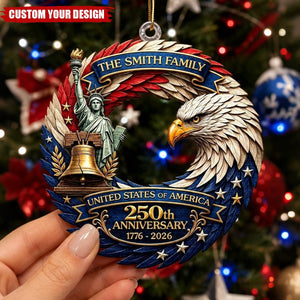 Personalized Family Name USA 250th Anniversary Patriotic Eagle Wreath Acrylic Christmas Ornament