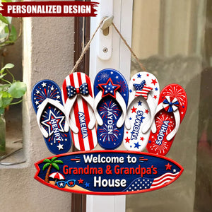 Personalized Patriotic Flip Flop USA Flag Welcome Door Sign
