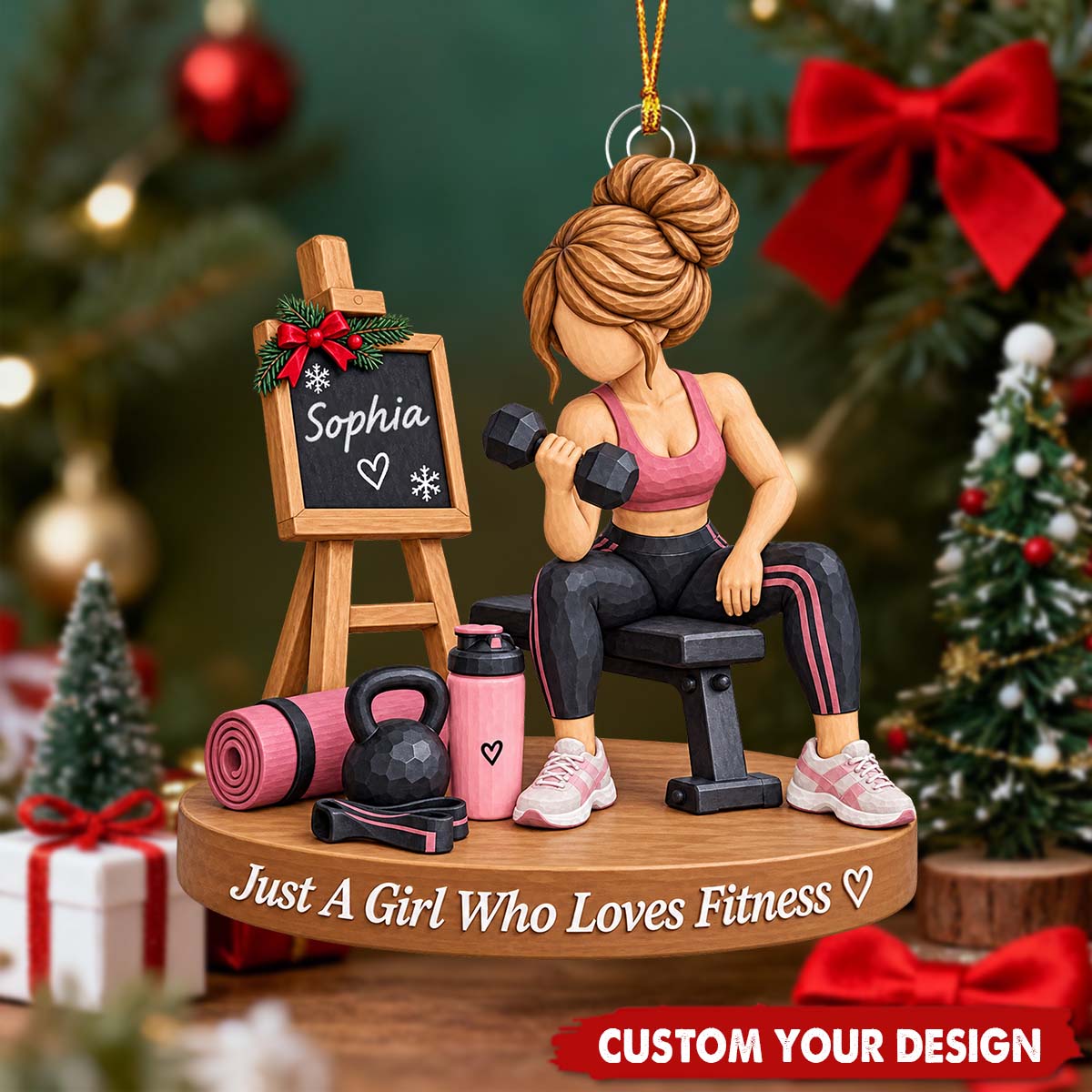Fitness Themed Custom Name Acrylic Ornament - Gym Lover Christmas Tree Decoration