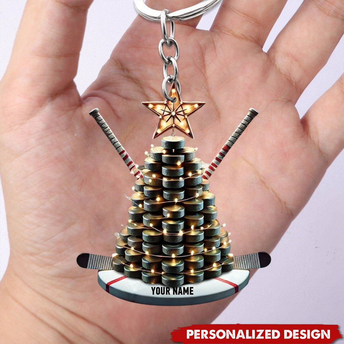 Personalized Hockey Keychain with Puck Tree and Sticks - Gift For Hockey Lovers - 2024 New Release