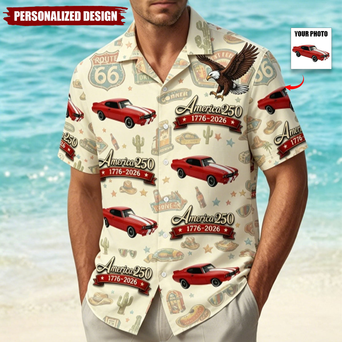 Personalized Car Photo 100 Years of Route 66 and America 250th Anniversary Hawaii Shirt