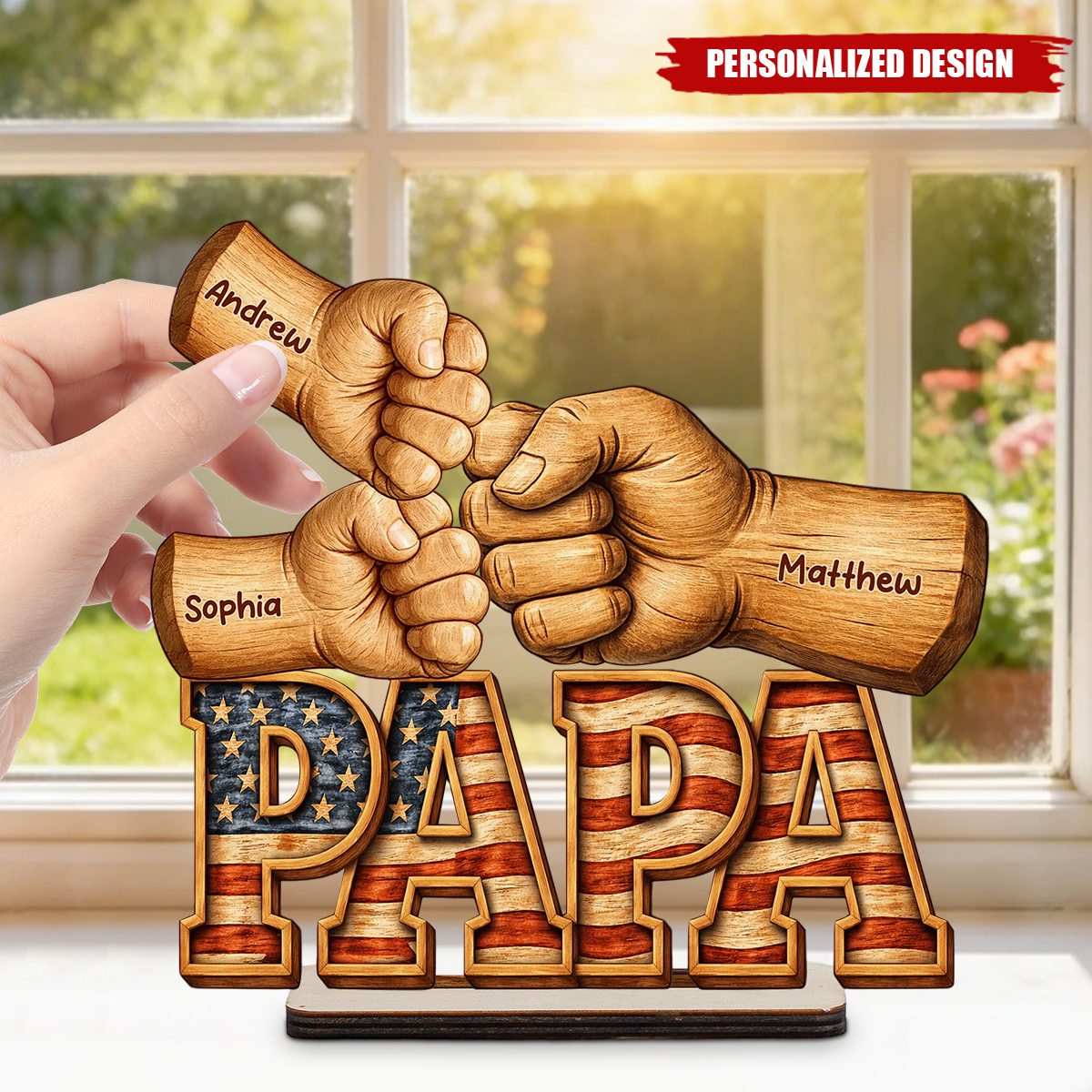 Personalized Patriotic Dad Wooden Plaque - Custom Kid Names Fist Bump Decor