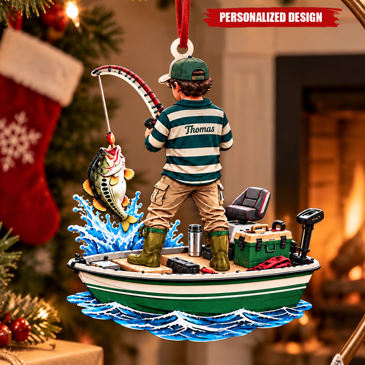 Personalized Boy Fishing On Boat Acrylic Christmas Ornament - Custom Name Fisherman Gift