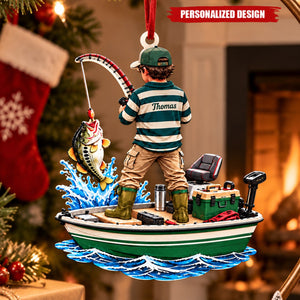 Personalized Boy Fishing On Boat Acrylic Christmas Ornament - Custom Name Fisherman Gift
