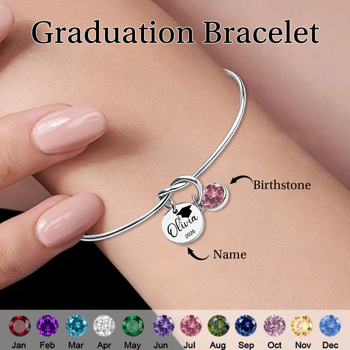 Personalized Graduation Birthstone Bracelet, Class of 2026