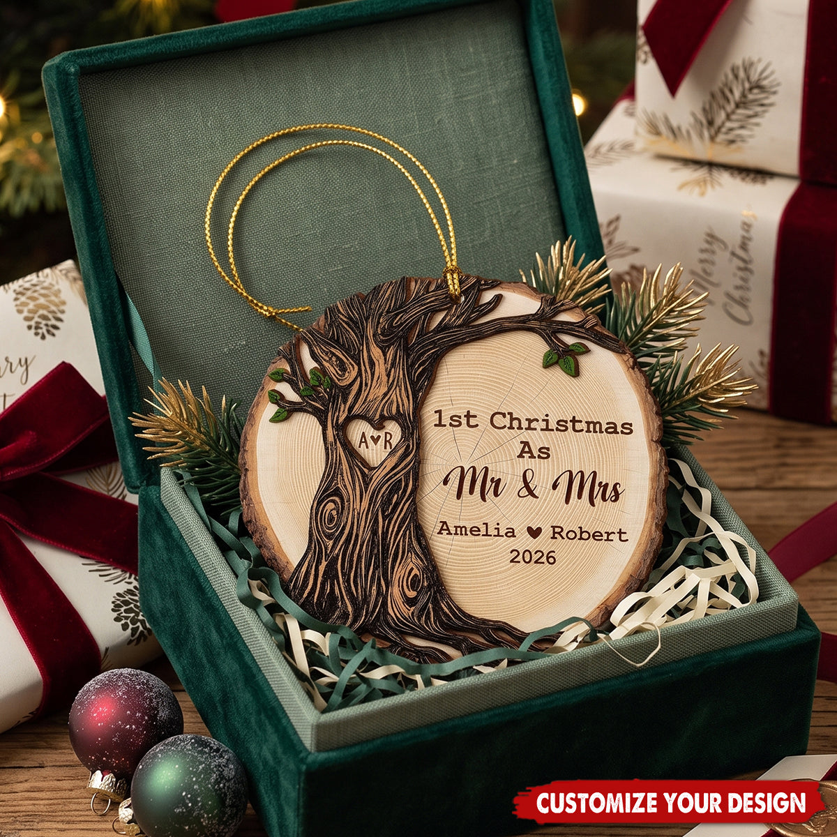 Personalized Wooden Tree Slice Ornament 1st Christmas As Mr & Mrs Custom Couple Names Year Xmas Decor