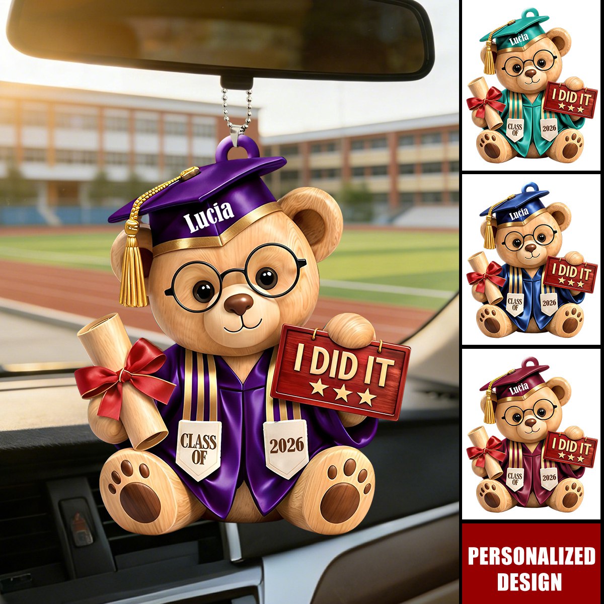Personalized Graduation Bear Car Hanging Ornament – Custom Name "I Did It" Graduation Gift