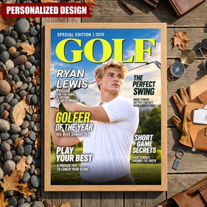 Personalized Golf Magazine Cover Poster - Custom Golfer Photo Wall Art Gift for Golf Lovers