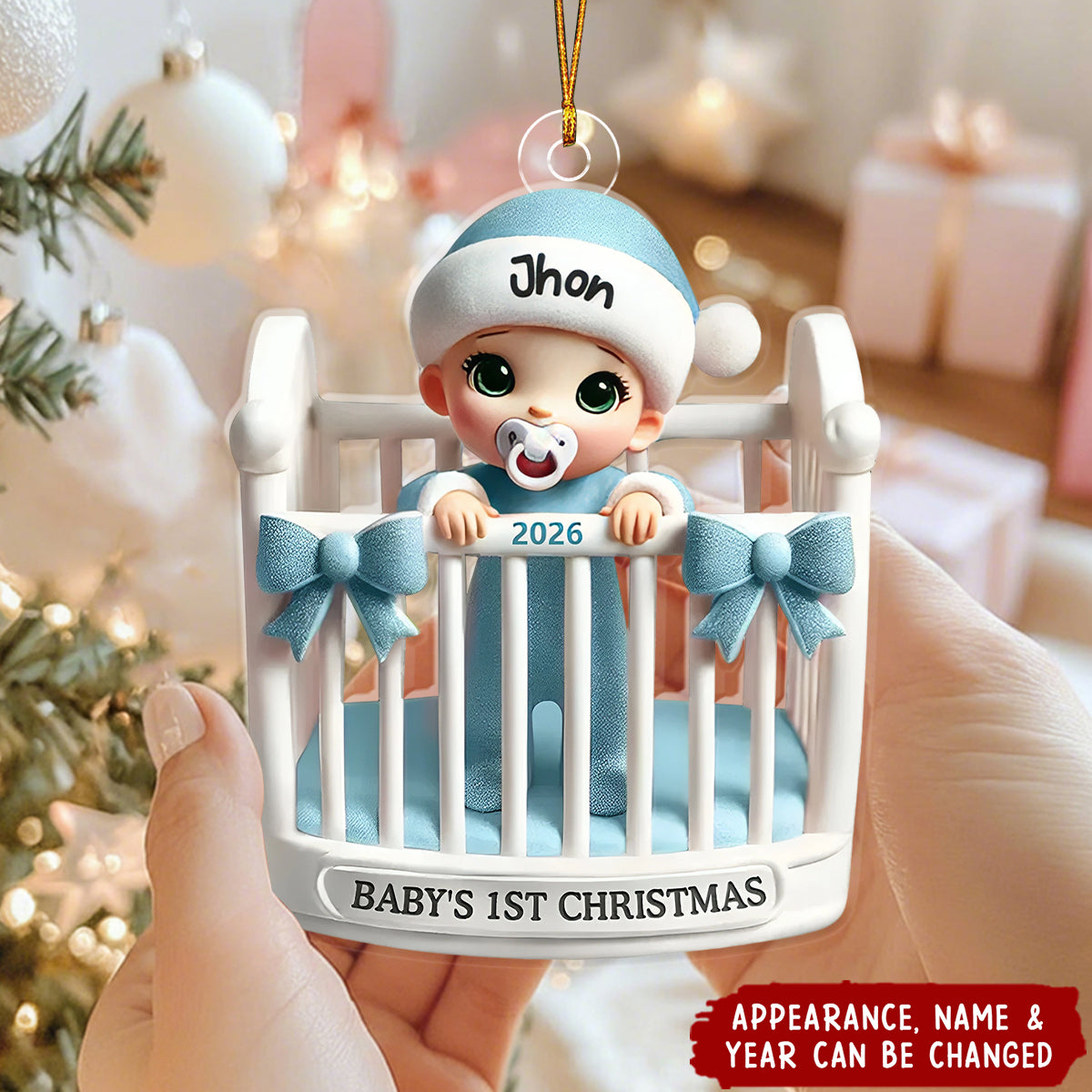 Baby Inside Crib 3D Effect Baby's First Christmas Personalized Acrylic Ornament