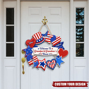 Personalized Patriotic Grandpa & Grandma House Wreath Door Hanger, Custom Grandkids Name USA Star Heart Wooden Sign