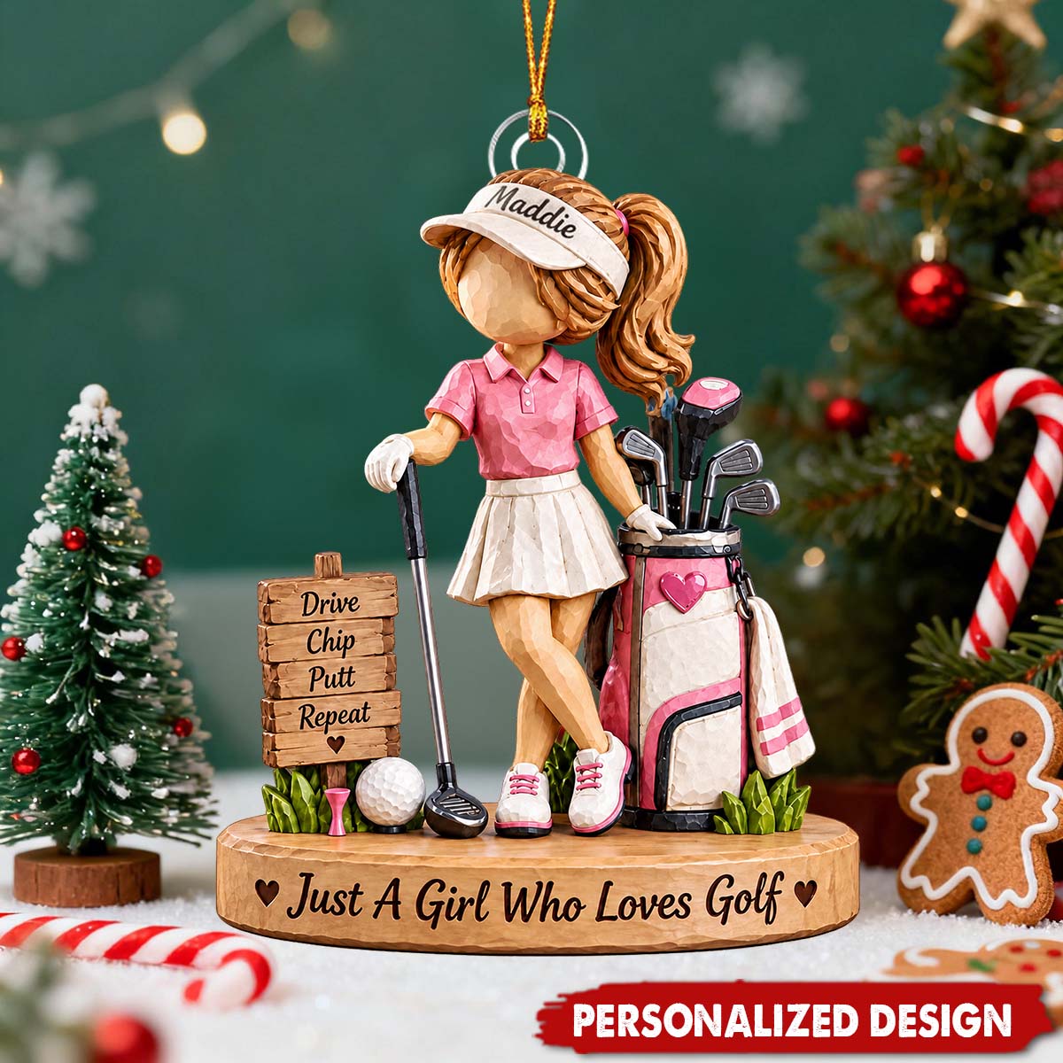 Custom Name Golf Girl Acrylic Ornament - Golfer Christmas Tree Decoration Gift