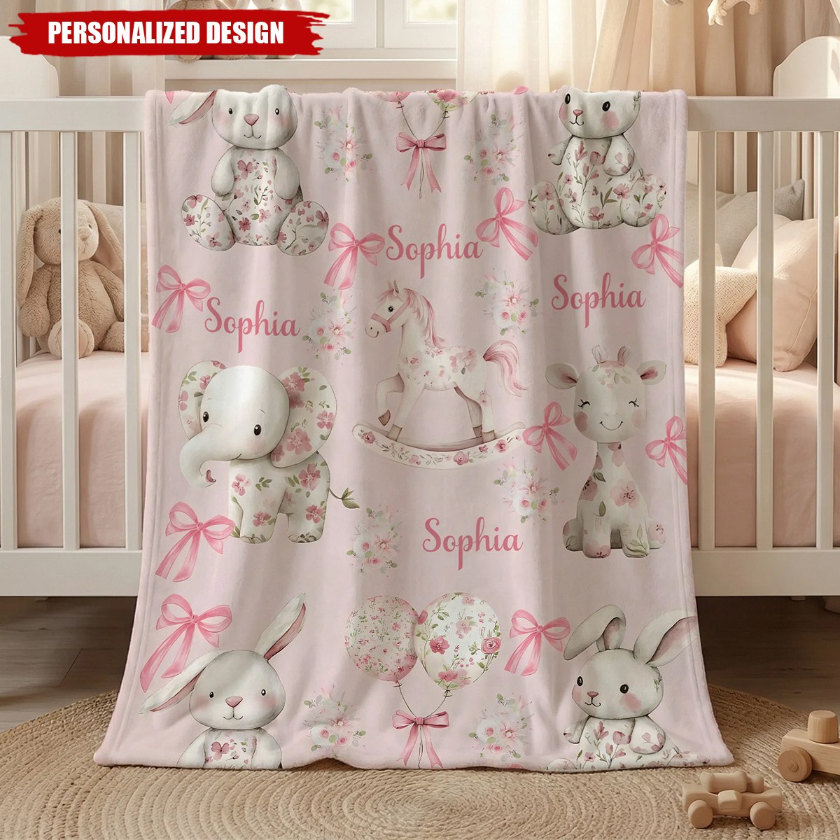 Personalized Pink Floral Baby Blanket - Custom Name Cute Animal Print for Girls