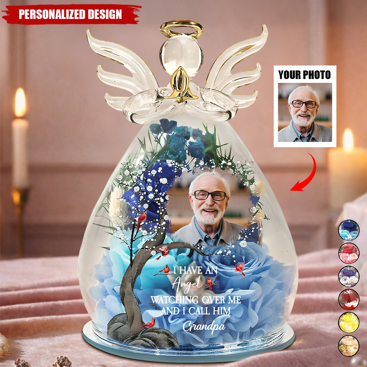 Personalized Flower In Glass Angel Figurine - Custom Photo Memorial Gift