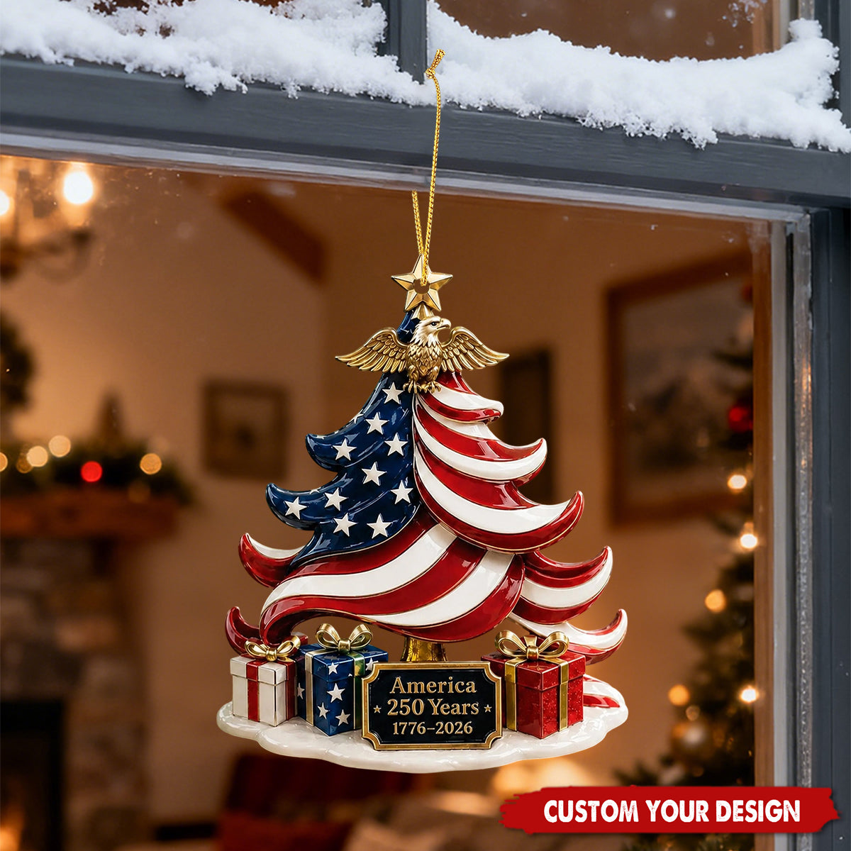 Custom Text US Flag Christmas Tree Ornament, America 250th Anniversary Acrylic Hanging Decor