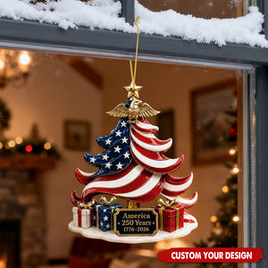 Custom Text US Flag Christmas Tree Ornament, America 250th Anniversary Acrylic Hanging Decor