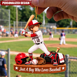 Personalized Young Baseball Player Acrylic Ornament - Custom Jersey Number Christmas Tree Decor