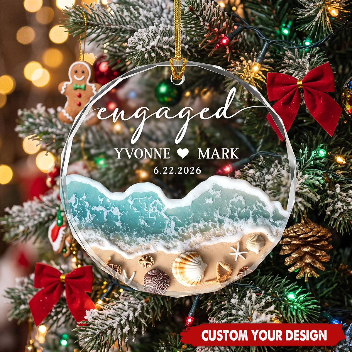 Personalized Beach Engaged Glass Ornament Custom Couple Names Date Coastal Christmas Decor