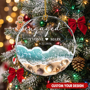 Personalized Beach Engaged Glass Ornament Custom Couple Names Date Coastal Christmas Decor