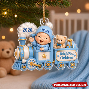Personalized Baby’s First Christmas Train Acrylic Ornament - Custom Baby Name & Year