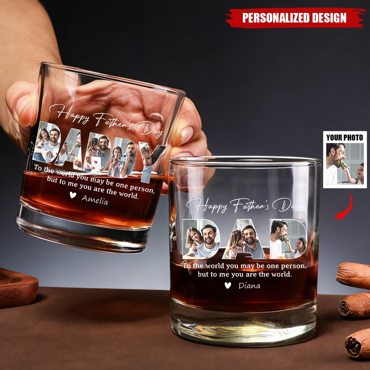 Personalized Photo‑Filled DAD and Sentimental Quote Whiskey Glass -Father's Day Gift