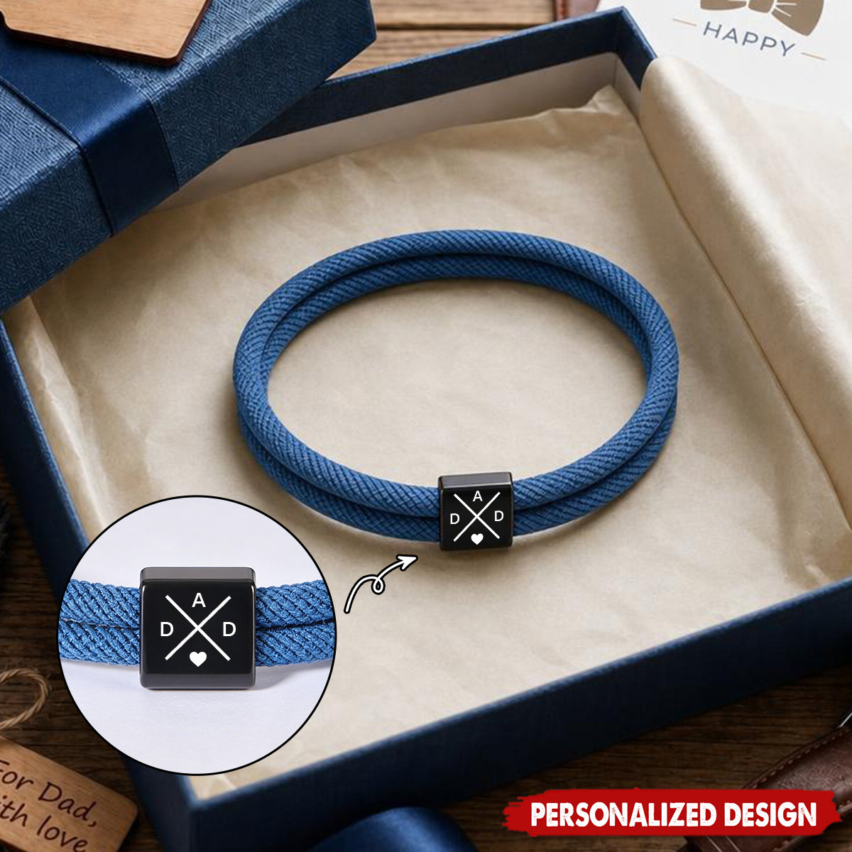 Personalized Double Wrap Braided  Rope Bracelet - Custom Black Cube Charm