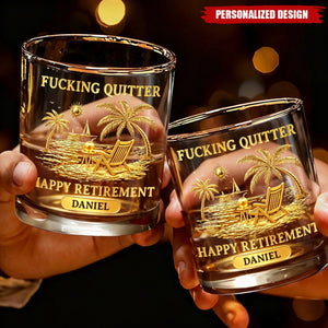 Personalized Name "Happy Retirement" Whiskey Glass - Gold Beach Scene