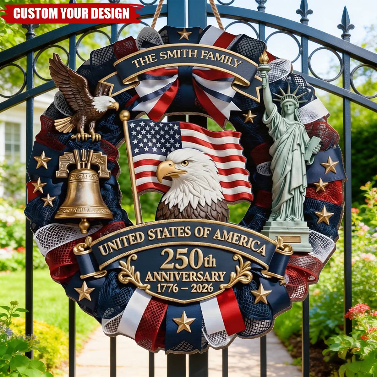 Custom USA 250th Anniversary Patriotic Wreath – Personalized Family Door Decor