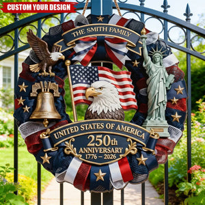 Custom USA 250th Anniversary Patriotic Wreath – Personalized Family Door Decor