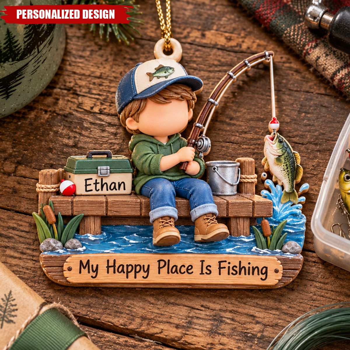 Personalized Fishing Boy Acrylic Christmas Ornament - Custom Name Fisherman Gift