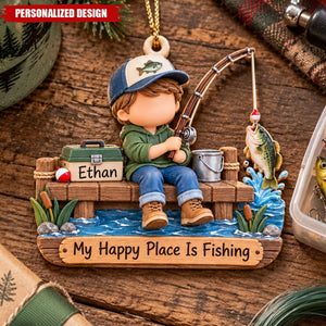 Personalized Fishing Boy Acrylic Christmas Ornament - Custom Name Fisherman Gift