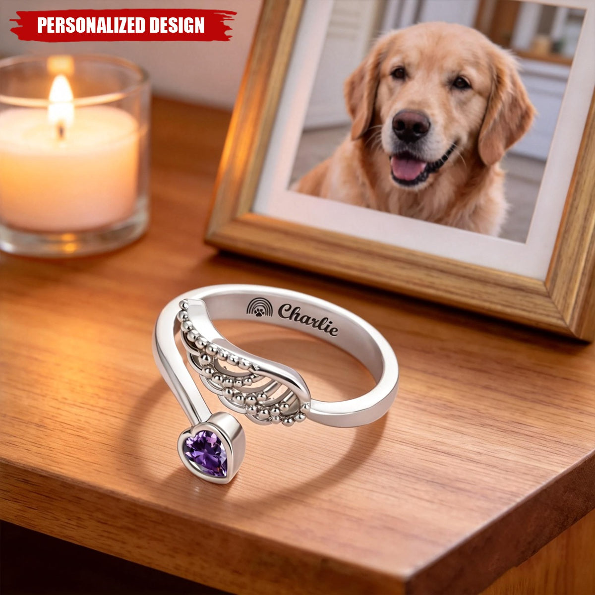 Personalized Wing And Heart Birthstone Ring - Remembering Loved One & Pet