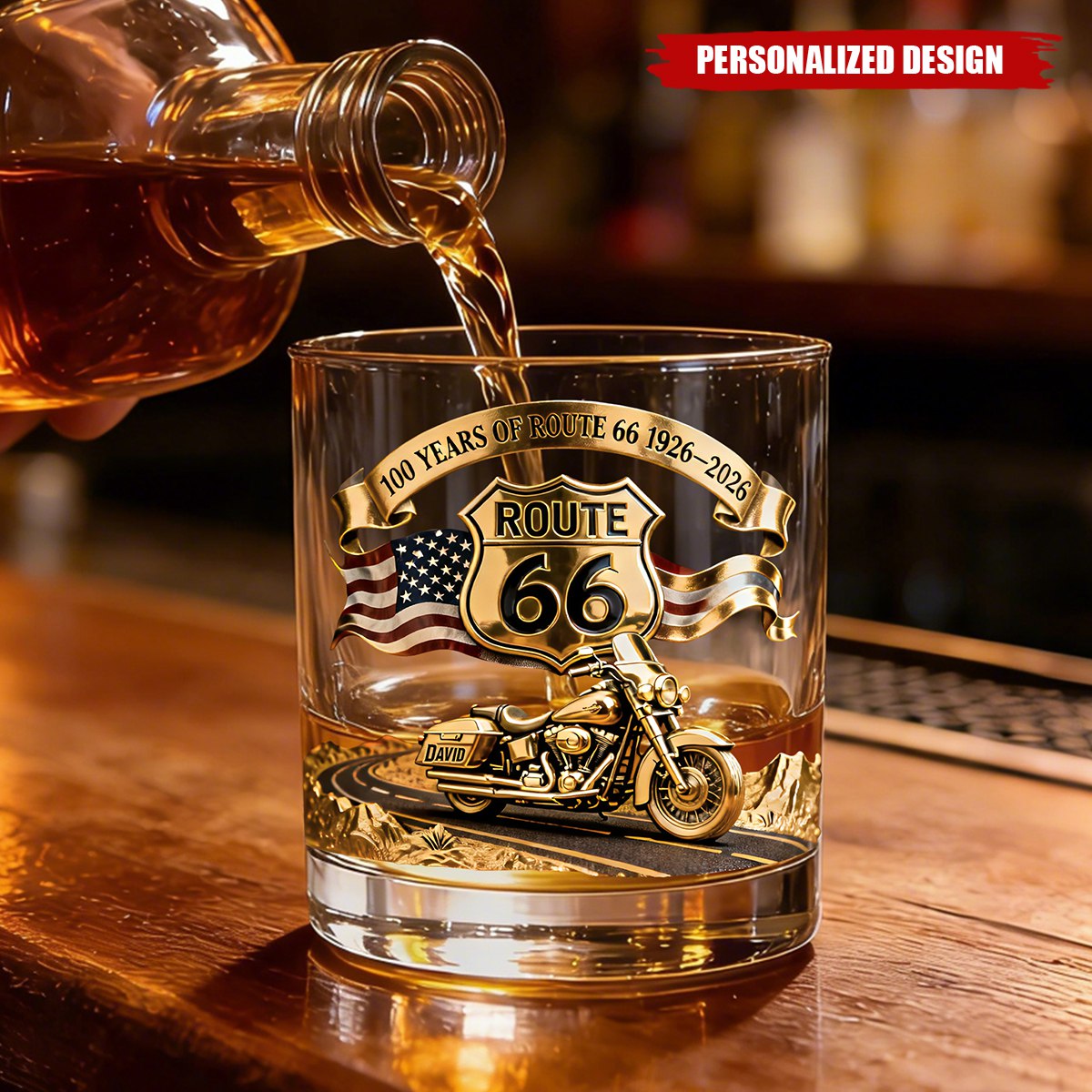Personalized Route 66 100 Years Whiskey Glass – Gift For Bikers