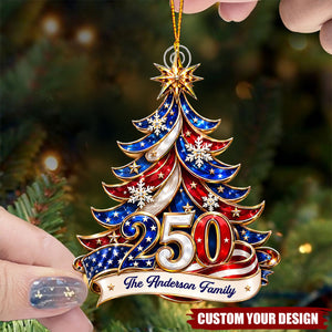 Personalized Patriotic USA Flag Christmas Tree Ornament Custom Family Name Year Acrylic Decor