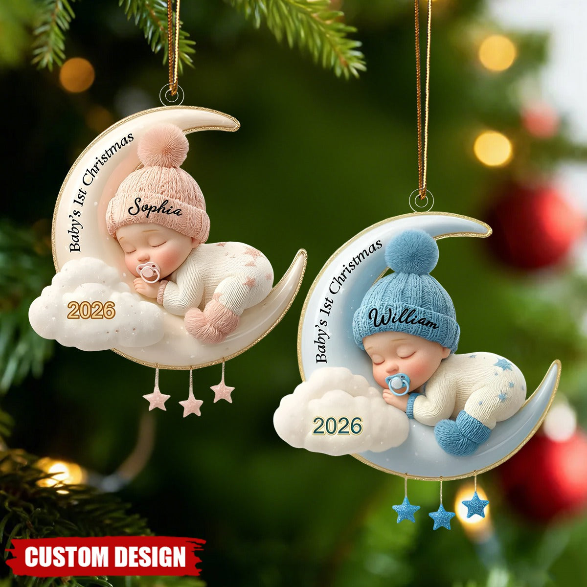 Custom Baby's First Christmas Ornament, Moon Acrylic Keepsake