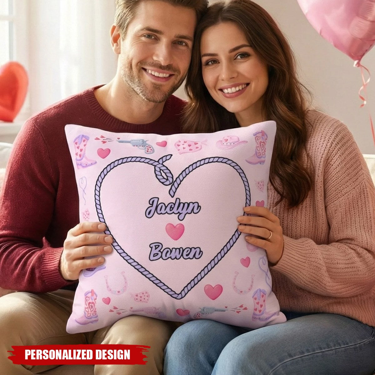 Personalized Cowgirl Heart Couple Pillow — Custom Name Valentine’s Decor
