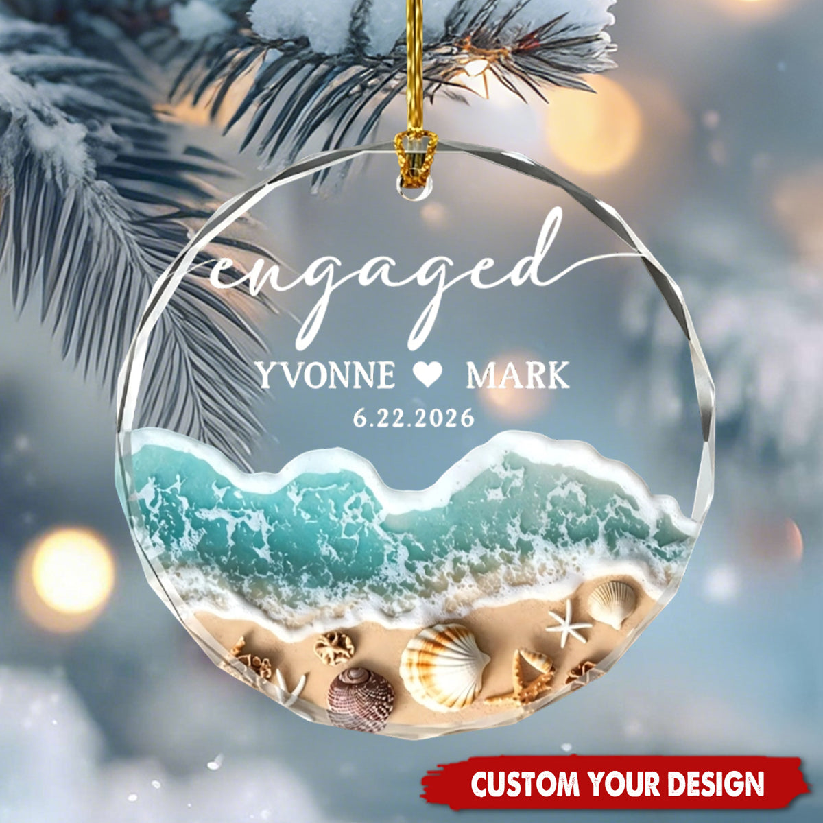 Personalized Beach Engaged Glass Ornament Custom Couple Names Date Coastal Christmas Decor