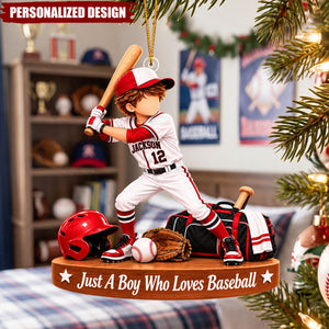 Personalized Young Baseball Player Acrylic Ornament - Custom Jersey Number Christmas Tree Decor