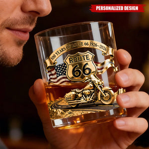 Personalized Route 66 100 Years Whiskey Glass – Gift For Bikers