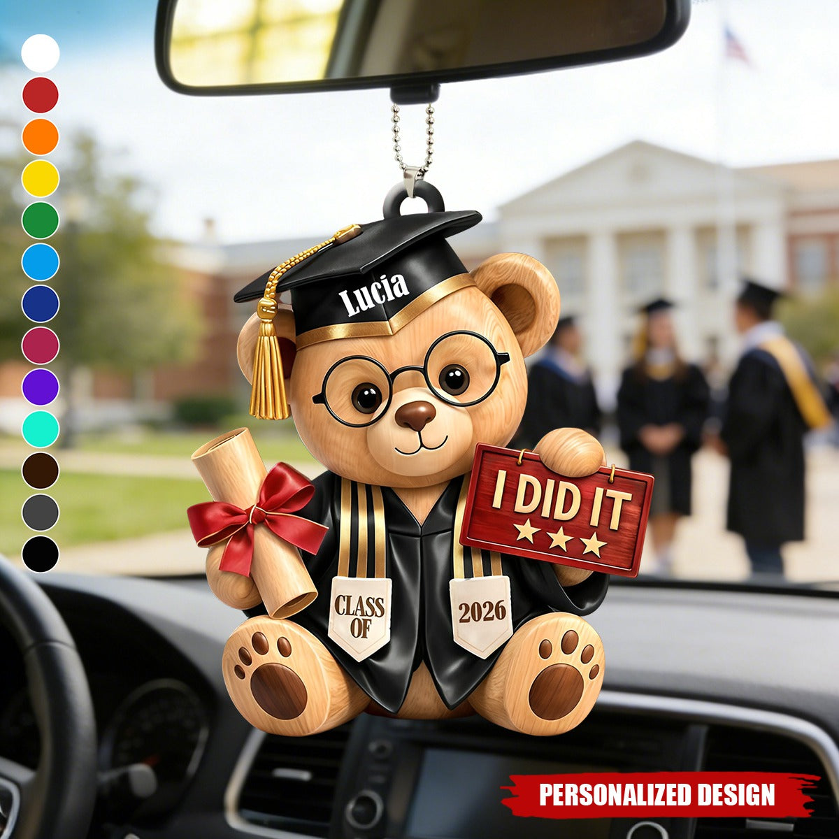 Personalized Graduation Bear Car Hanging Ornament – Custom Name "I Did It" Graduation Gift